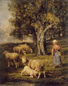 Una Pastora y Ovejas en un Paisaje de Barbizon